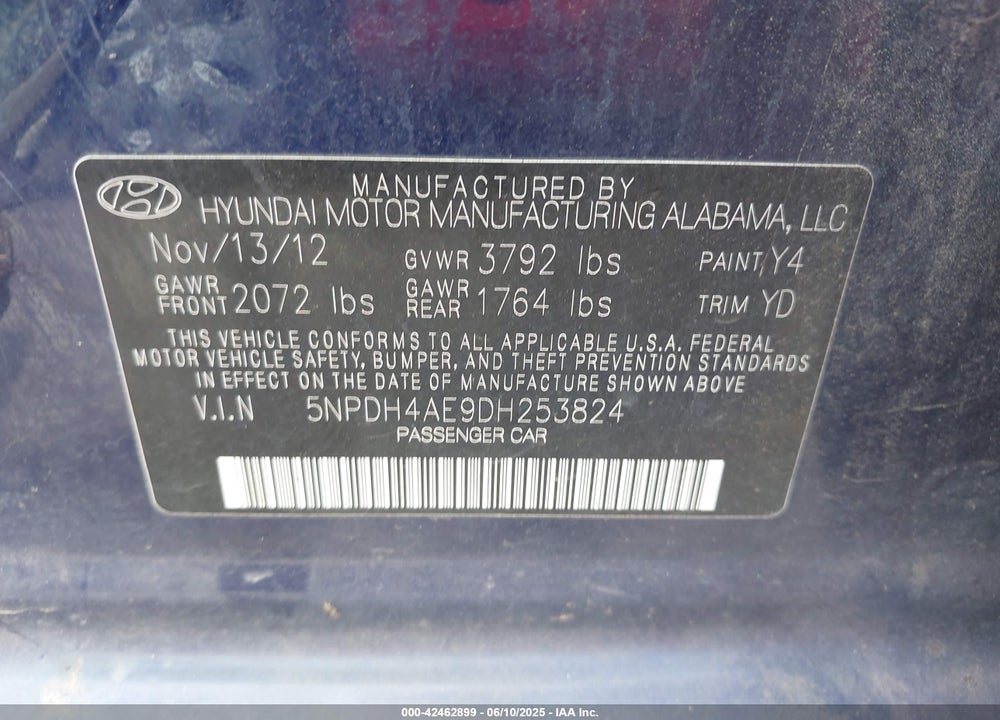 2013 HYUNDAI ELANTRA VIN: 5NPDH4AE9DH253824