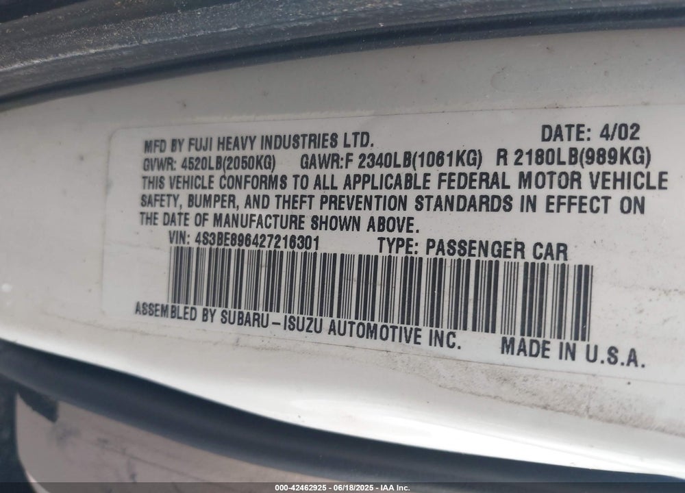 2002 SUBARU OUTBACK H6-3.0/H6-3.0 VDC VIN: 4S3BE896427216301