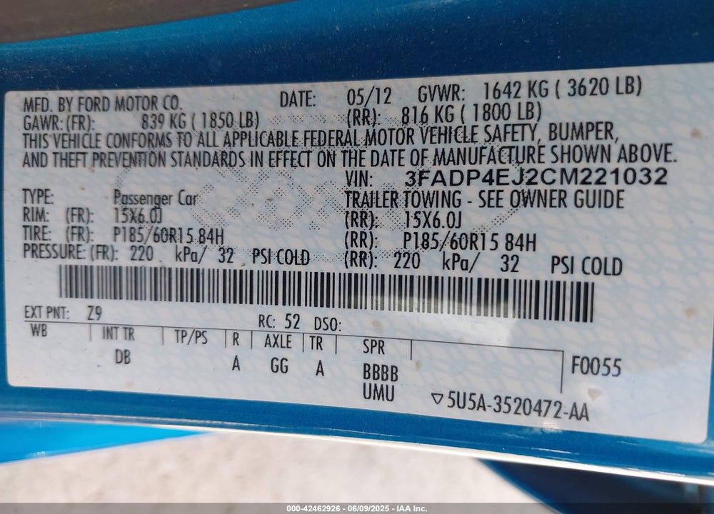 2012 FORD FIESTA SE VIN: 3FADP4EJ2CM221032