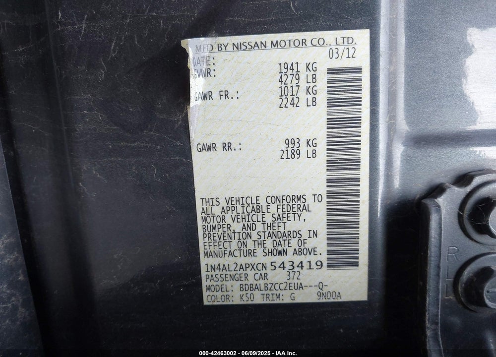 2012 NISSAN ALTIMA VIN: 1N4AL2APXCN543419