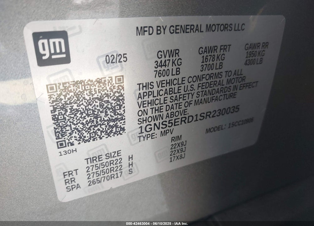 2025 CHEVROLET SUBURBAN VIN: 1GNS5ERD1SR230035
