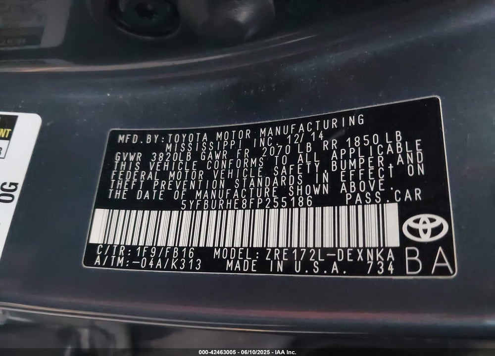 2015 TOYOTA COROLLA VIN: 5YFBURHE8FP255186
