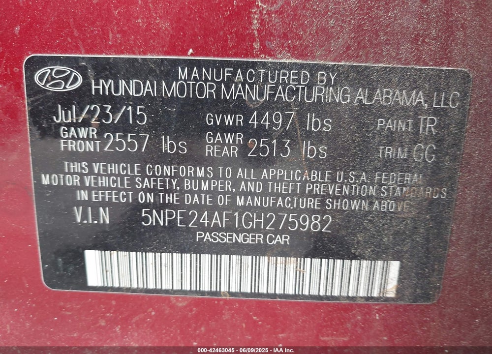 2016 HYUNDAI SONATA VIN: 5NPE24AF1GH275982
