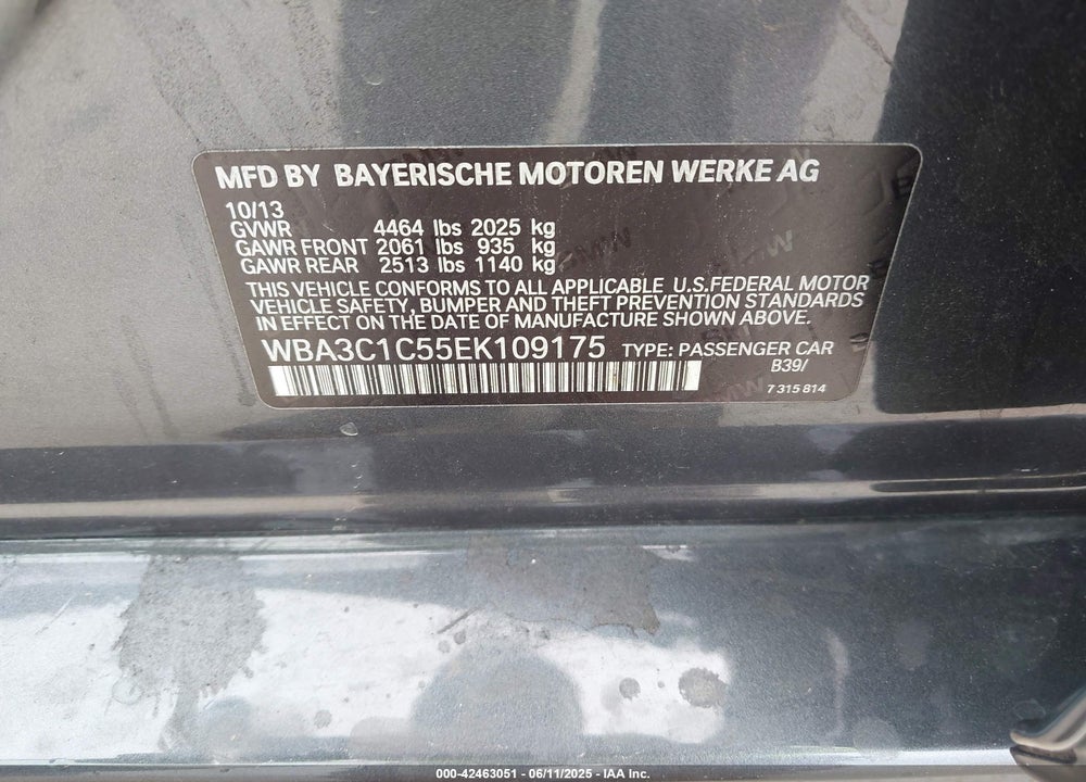 2014 BMW 3 SERIES VIN: WBA3C1C55EK109175