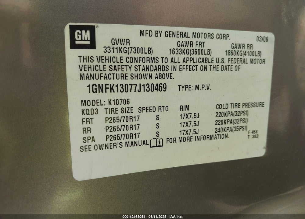 2007 CHEVROLET TAHOE LT VIN: 1GNFK13077J130469