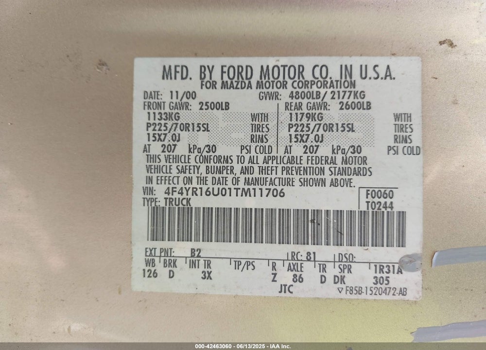 2001 MAZDA B3000 DS/SE VIN: 4F4YR16U01TM11706
