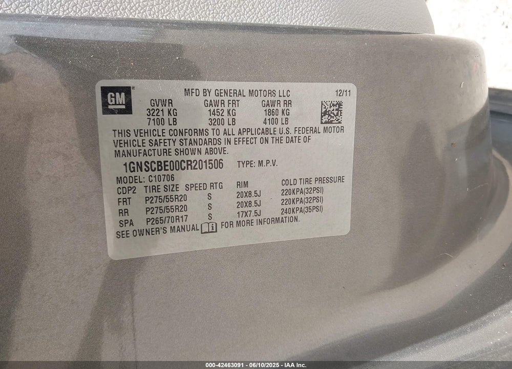 2012 CHEVROLET TAHOE VIN: 1GNSCBE00CR201506