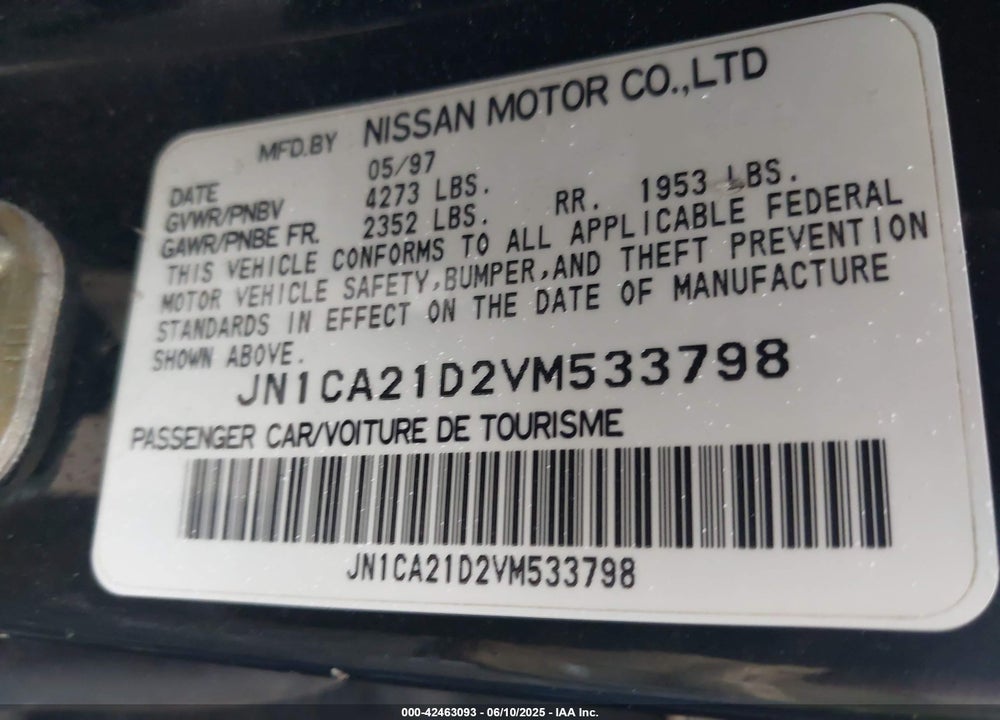 1997 NISSAN MAXIMA GLE/GXE/SE VIN: JN1CA21D2VM533798