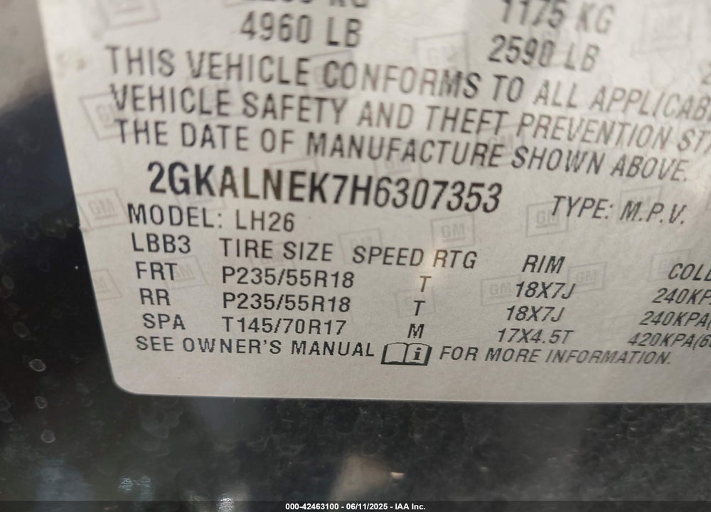 2017 GMC TERRAIN VIN: 2GKALNEK7H6307353