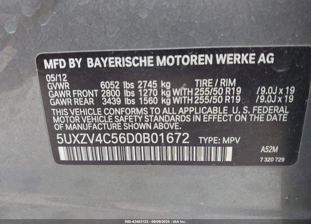 2013 BMW X5 VIN: 5UXZV4C56D0B01672