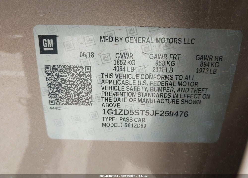 2018 CHEVROLET MALIBU LT VIN: 1G1ZD5ST5JF259476