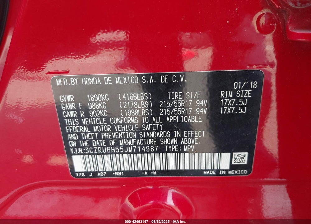 2018 HONDA HR-V VIN: 3CZRU6H55JM714987