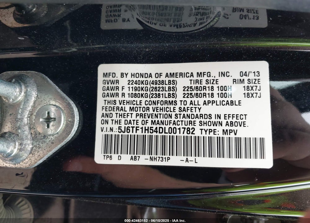 2013 HONDA CROSSTOUR EX-L V6 VIN: 5J6TF1H54DL001782