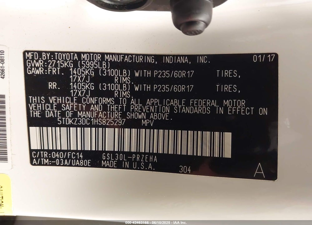 2017 TOYOTA SIENNA LE 8 PASSENGER VIN: 5TDKZ3DC1HS825297