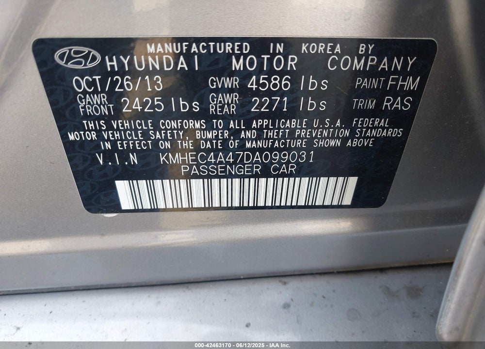 2013 HYUNDAI SONATA HYBRID VIN: KMHEC4A47DA099031