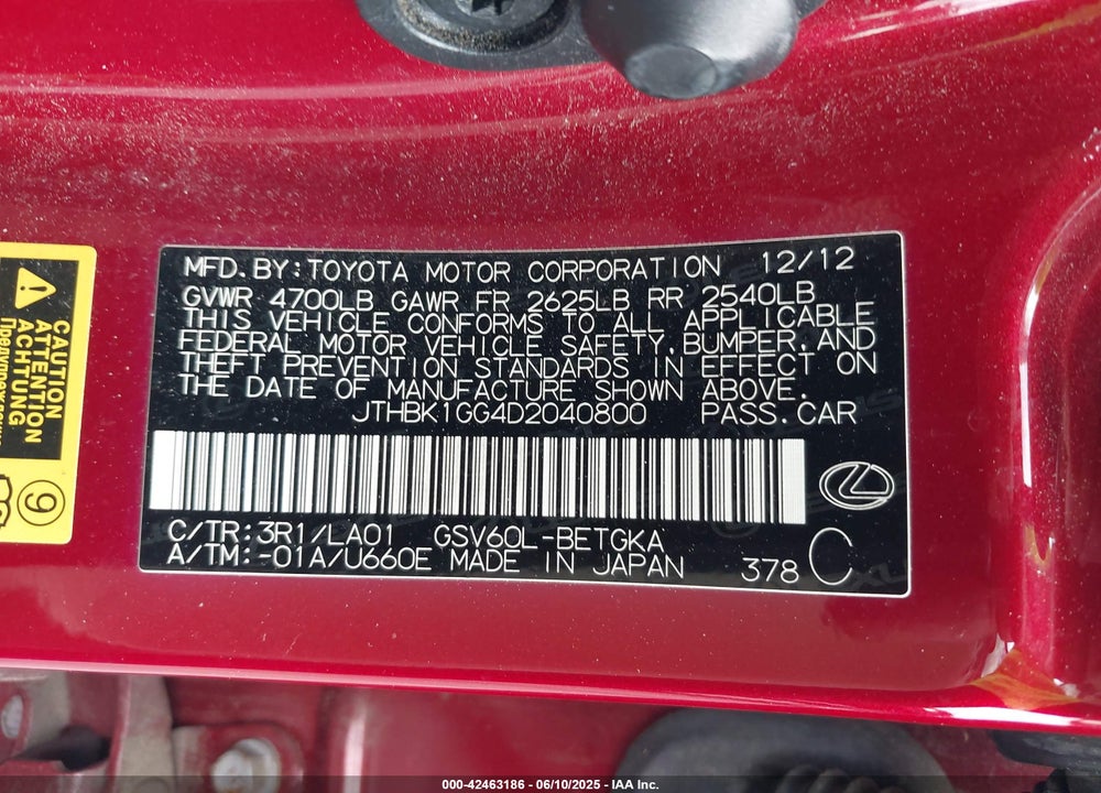 2013 LEXUS ES 350 VIN: JTHBK1GG4D2040800