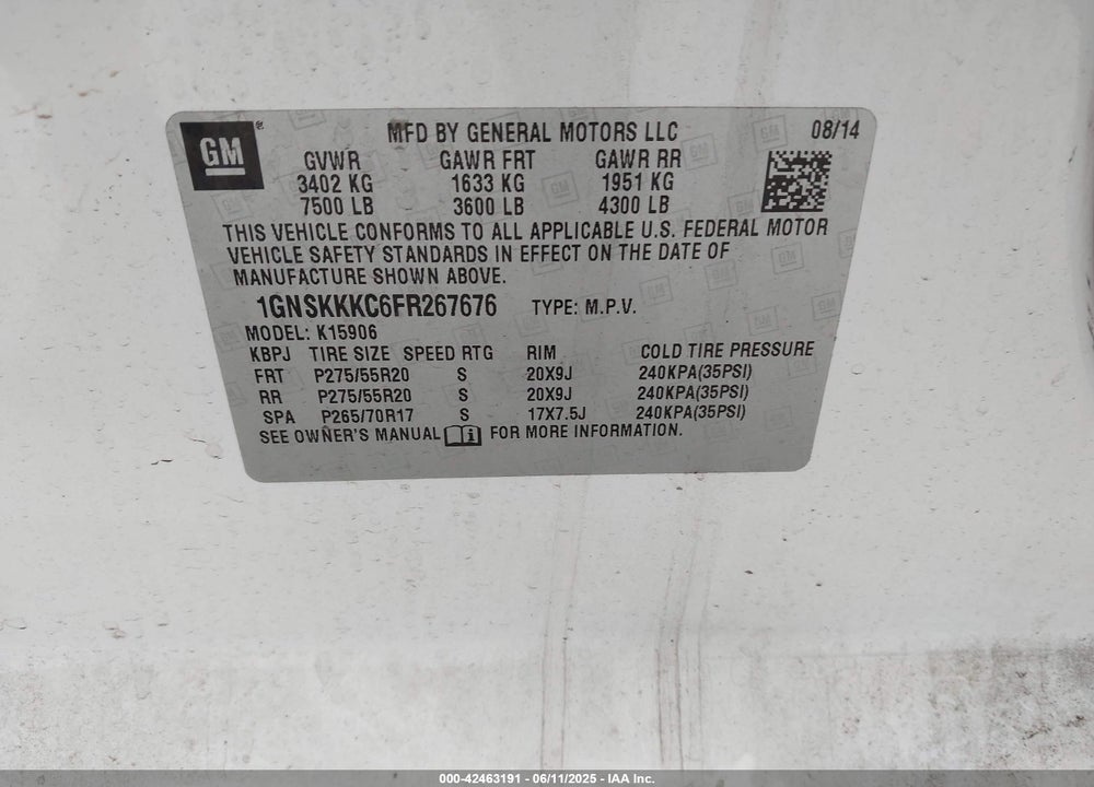 2015 CHEVROLET SUBURBAN 1500 LTZ VIN: 1GNSKKKC6FR267676