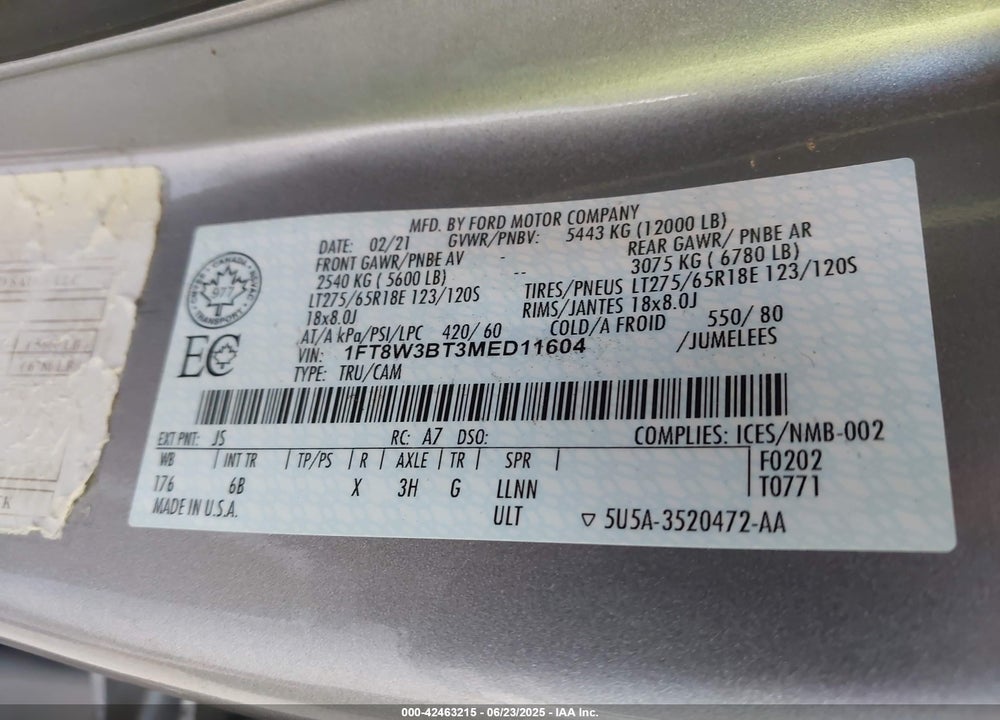 2021 FORD F-350 LARIAT VIN: 1FT8W3BT3MED11604