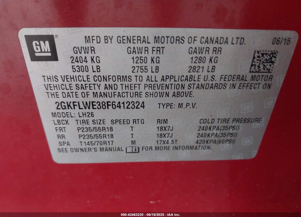 2015 GMC TERRAIN VIN: 2GKFLWE38F6412324