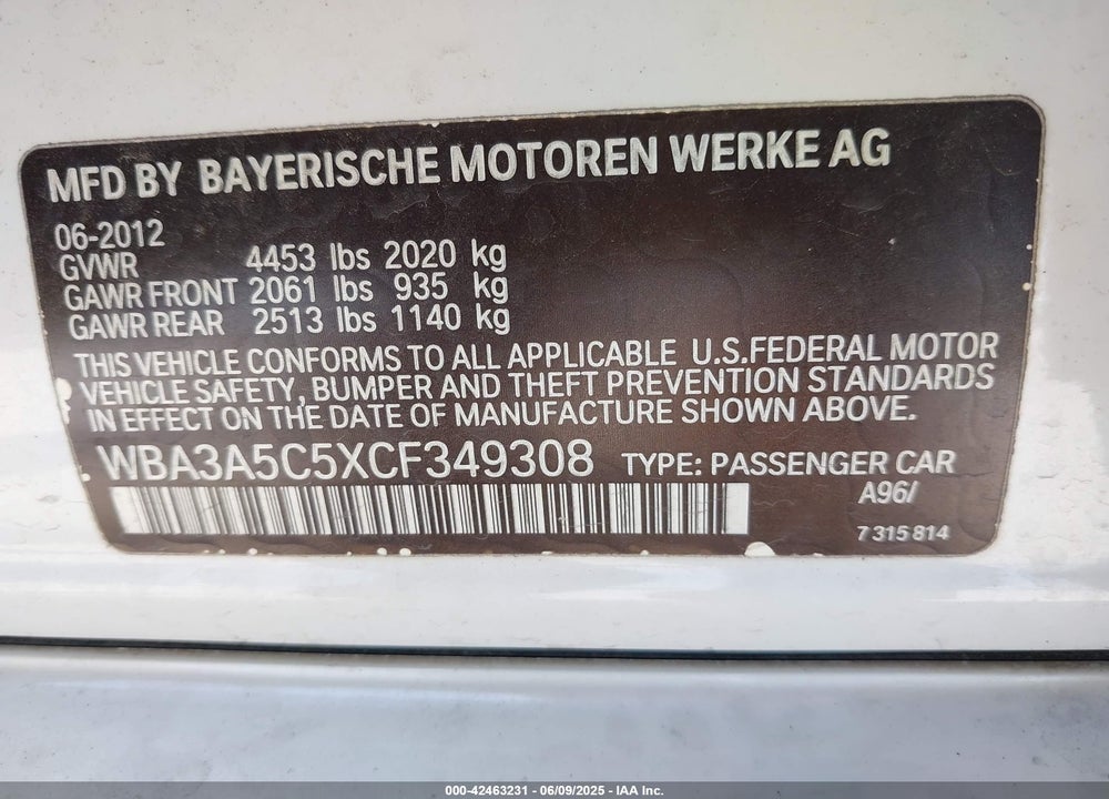 2012 BMW 3 SERIES VIN: WBA3A5C5XCF349308