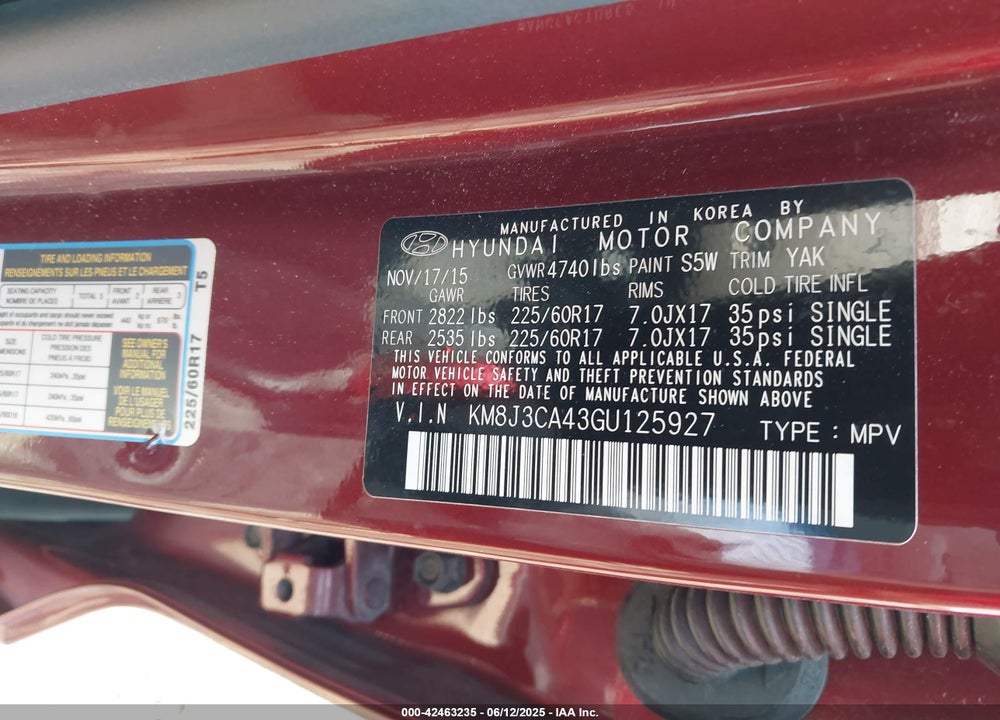 2016 HYUNDAI TUCSON VIN: KM8J3CA43GU125927