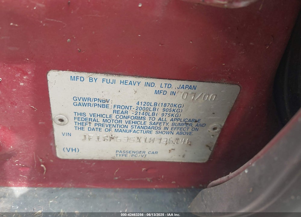 2001 SUBARU FORESTER L VIN: JF1SF635X1H736146