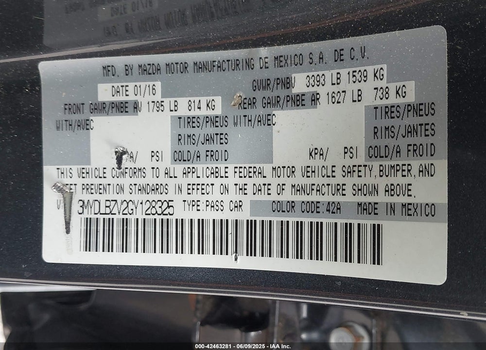 2016 SCION IA VIN: 3MYDLBZV2GY128325