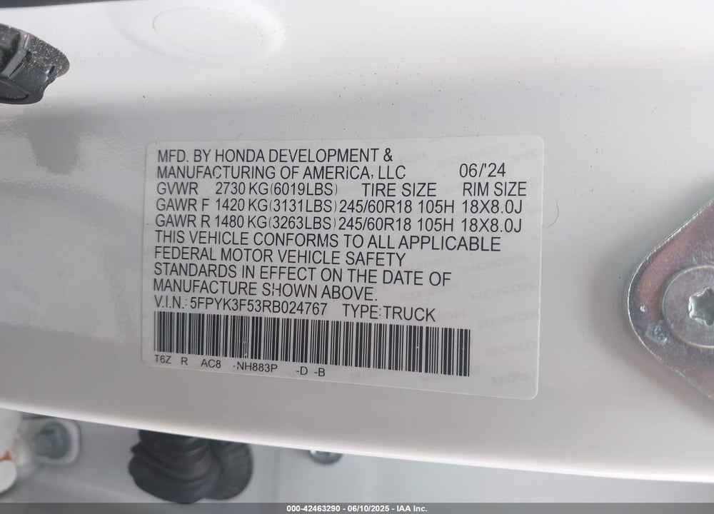 2024 HONDA RIDGELINE VIN: 5FPYK3F53RB024767