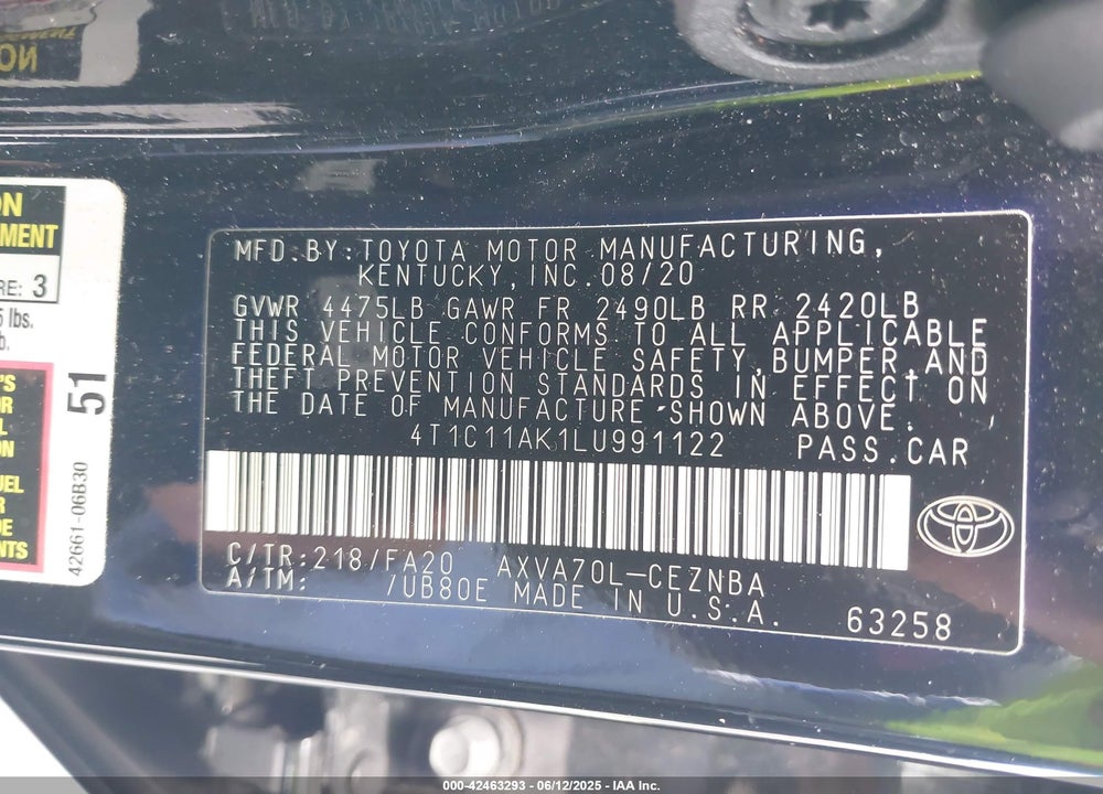 2020 TOYOTA CAMRY LE VIN: 4T1C11AK1LU991122