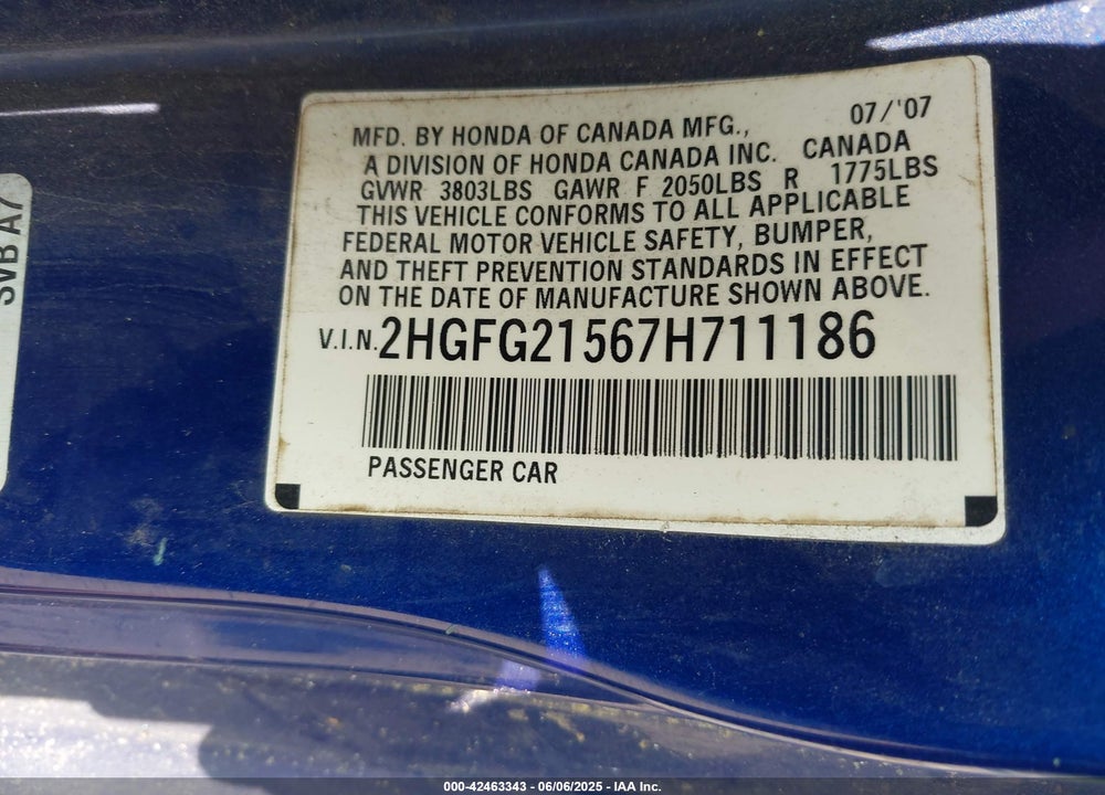 2007 HONDA CIVIC SI VIN: 2HGFG21567H711186