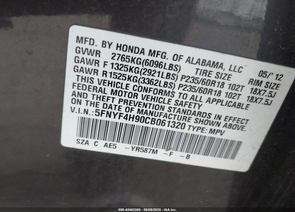 2012 HONDA PILOT VIN: 5FNYF4H90CB061320