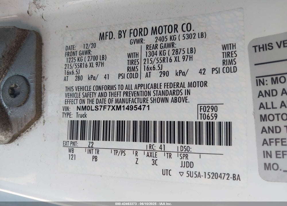 2021 FORD TRANSIT CONNECT XLT CARGO VAN VIN: NM0LS7F7XM1495471