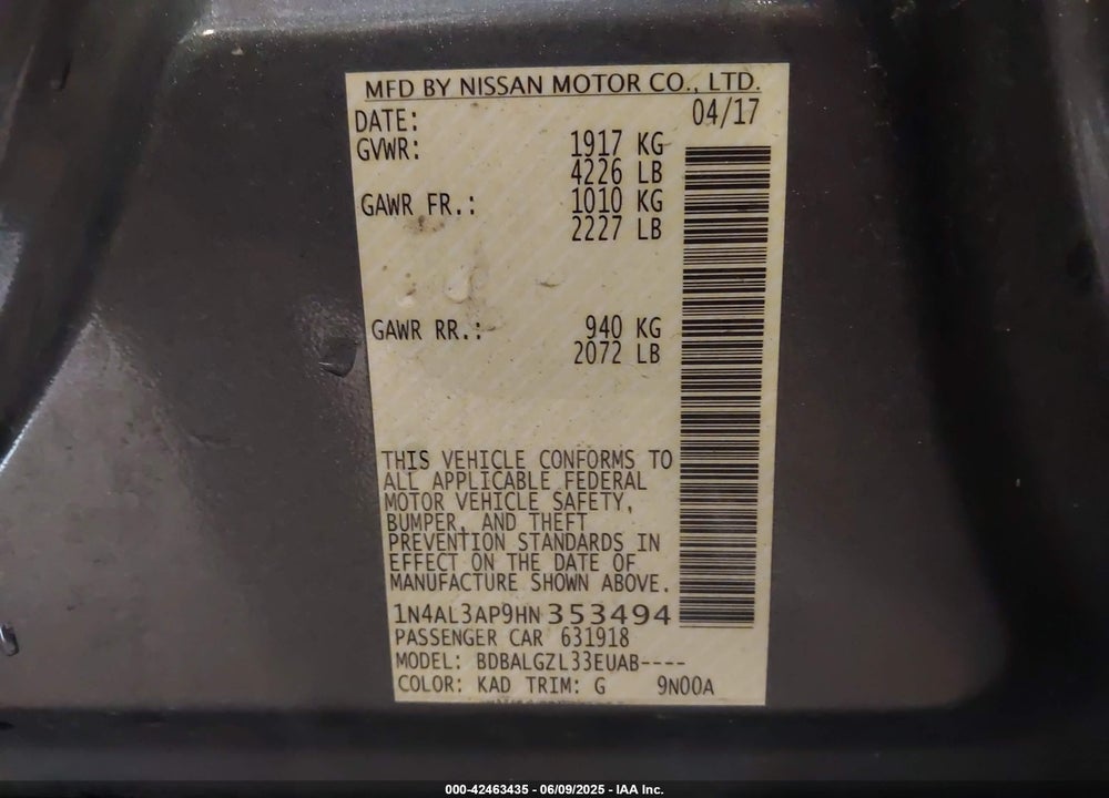 2017 NISSAN ALTIMA VIN: 1N4AL3AP9HN353494
