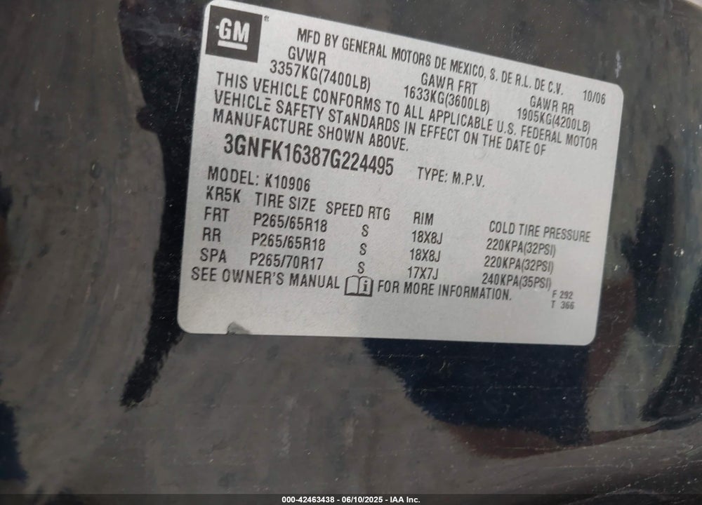 2007 CHEVROLET SUBURBAN 1500 LT VIN: 3GNFK16387G224495