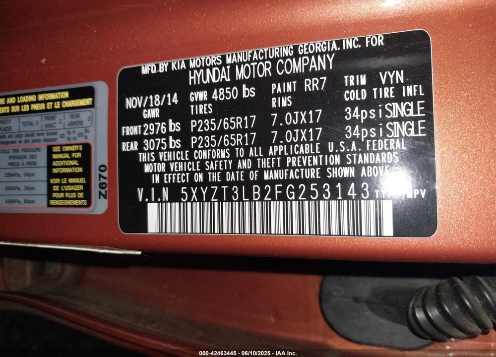 2015 HYUNDAI SANTA FE SPORT 2.4L VIN: 5XYZT3LB2FG253143