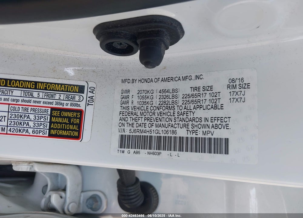 2016 HONDA CR-V EX VIN: 5J6RM4H51GL106186