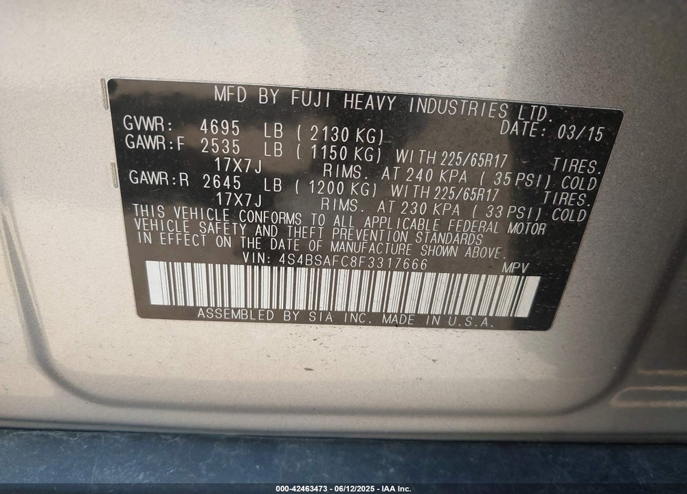 2015 SUBARU OUTBACK 2.5I PREMIUM VIN: 4S4BSAFC8F3317666