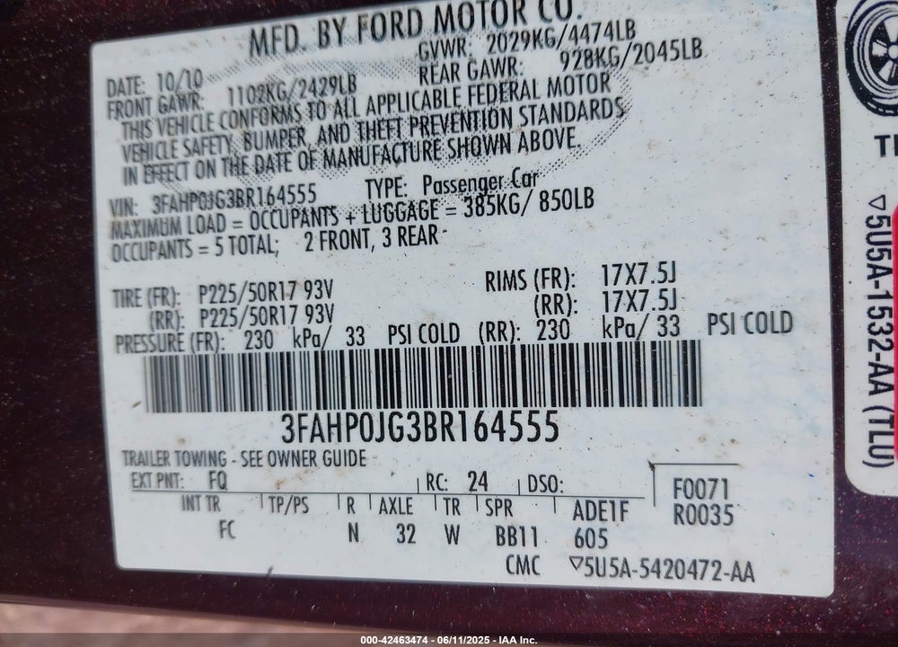 2011 FORD FUSION SEL VIN: 3FAHP0JG3BR164555