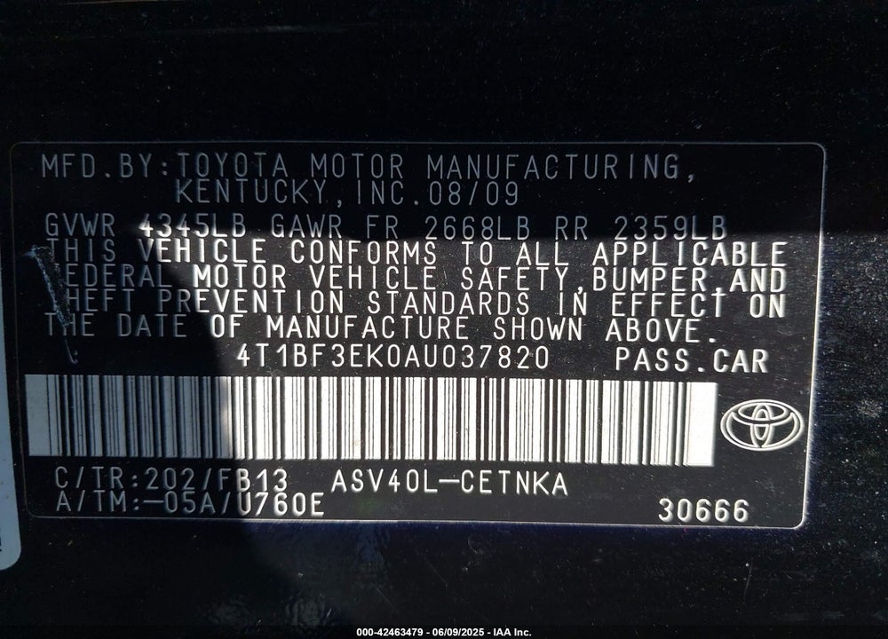 2010 TOYOTA CAMRY VIN: 4T1BF3EK0AU037820