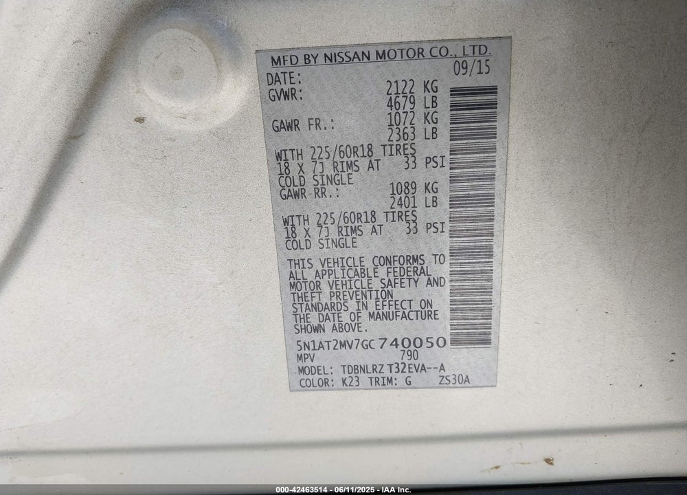 2016 NISSAN ROGUE SL VIN: 5N1AT2MV7GC740050