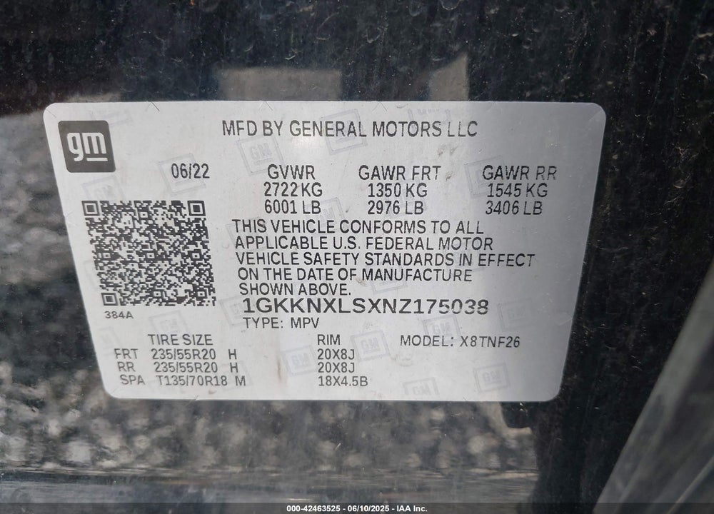 2022 GMC ACADIA VIN: 1GKKNXLSXNZ175038
