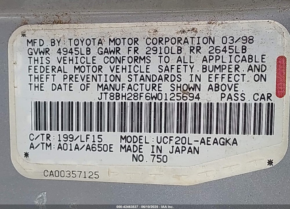 1998 LEXUS LS 400 VIN: JT8BH28F6W0125694