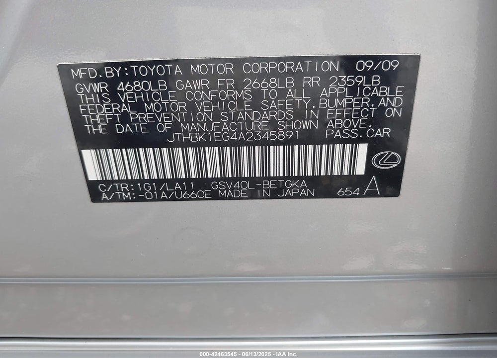 2010 LEXUS ES350 VIN: JTHBK1EG4A2345891