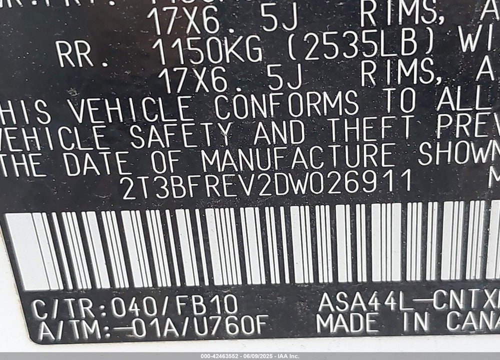 2013 TOYOTA RAV4 LE VIN: 2T3BFREV2DW026911