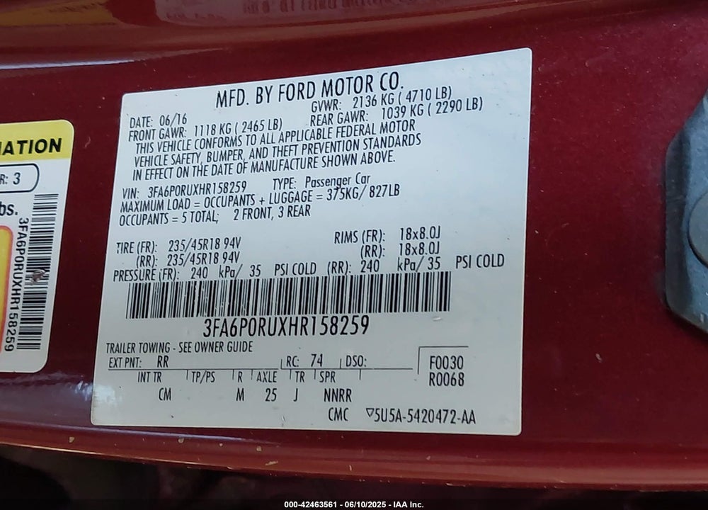 2017 FORD FUSION HYBRID VIN: 3FA6P0RUXHR158259