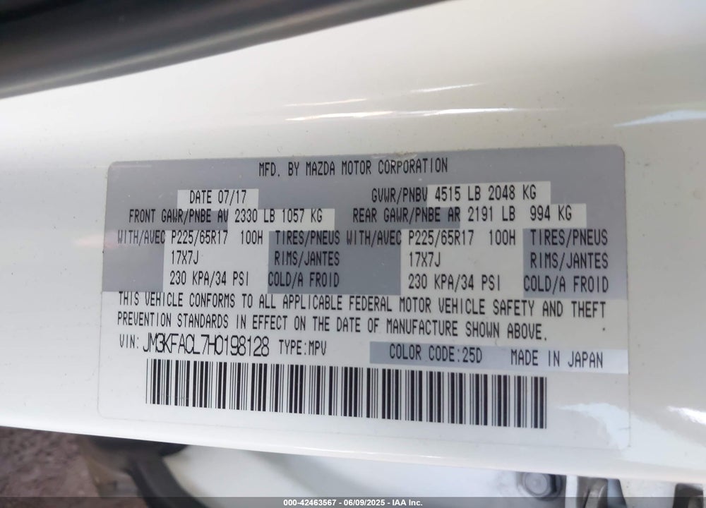 2017 MAZDA CX-5 TOURING VIN: JM3KFACL7H0198128