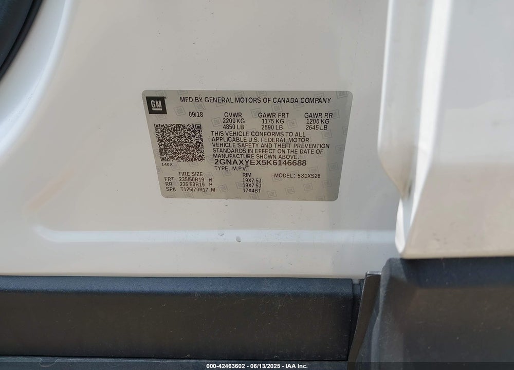 2019 CHEVROLET EQUINOX PREMIER VIN: 2GNAXYEX5K6146688