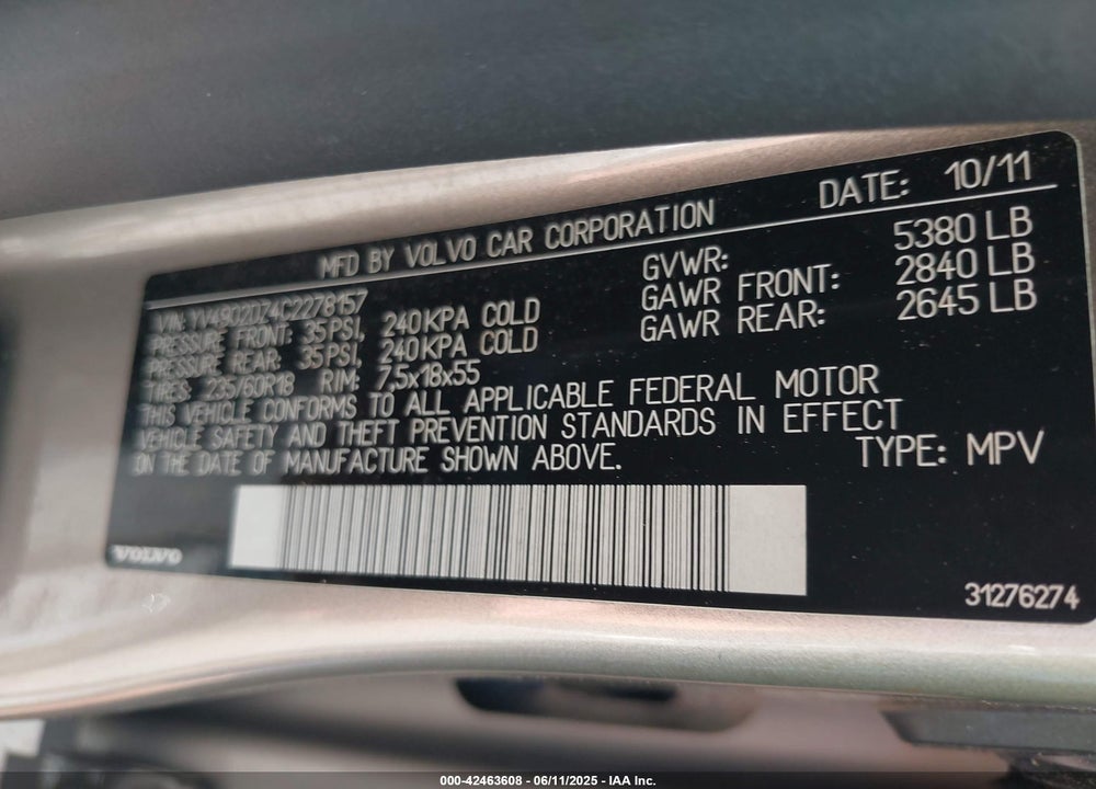 2012 VOLVO XC60 T6 PREMIER PLUS VIN: YV4902DZ4C2278157