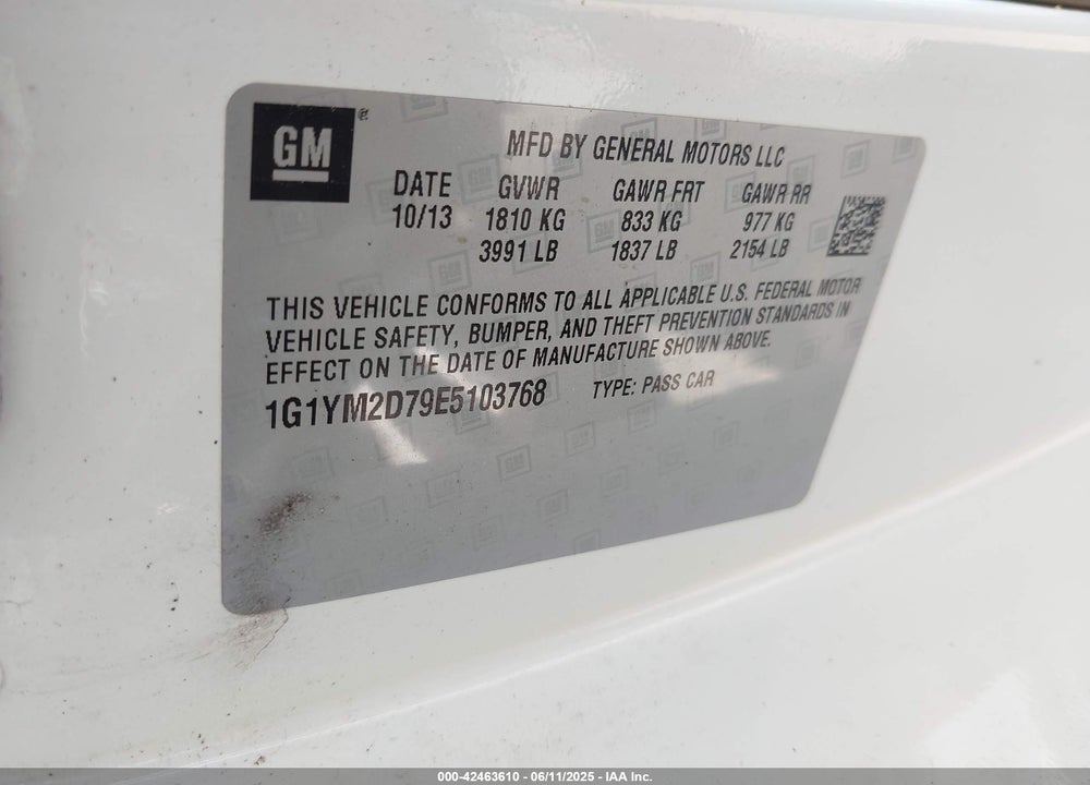 2014 CHEVROLET CORVETTE STINGRAY Z51 VIN: 1G1YM2D79E5103768