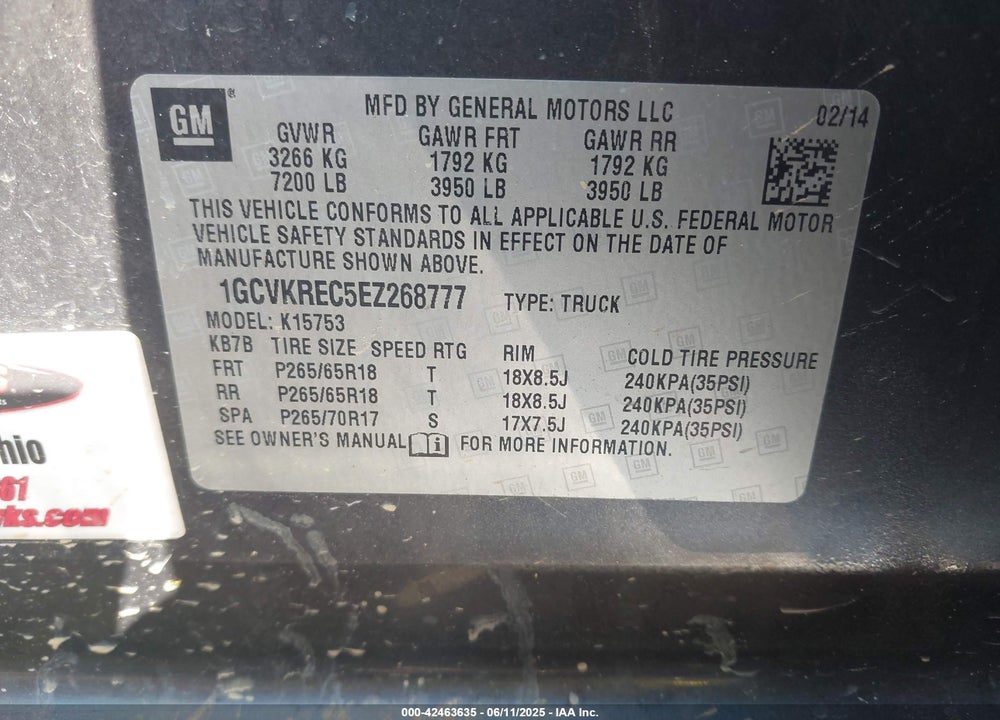 2014 CHEVROLET SILVERADO 1500 VIN: 1GCVKREC5EZ268777
